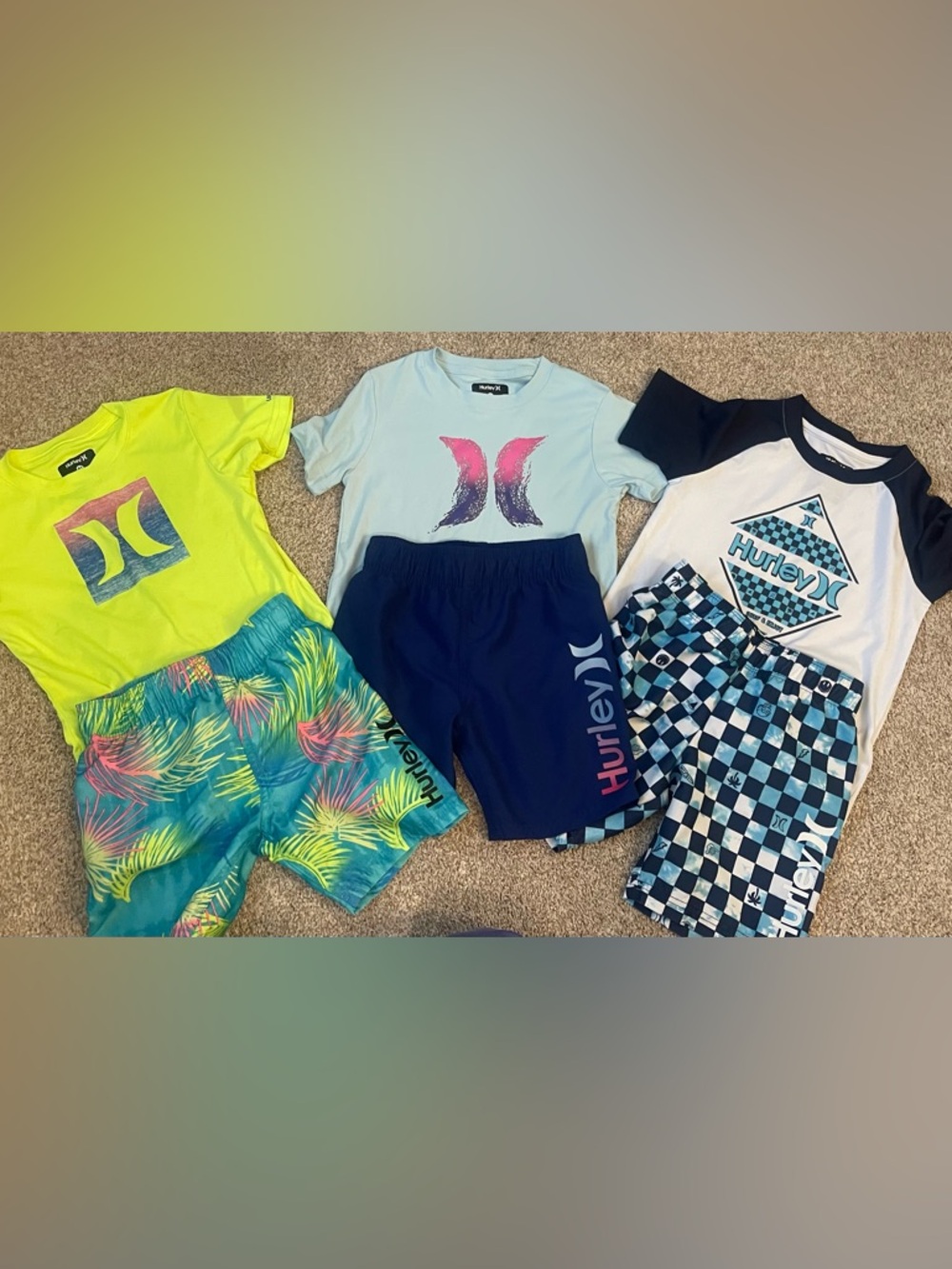 Hurley Kids Neon Yellow & Blue Swim Set - 3 Shirts & 3 Boardshorts